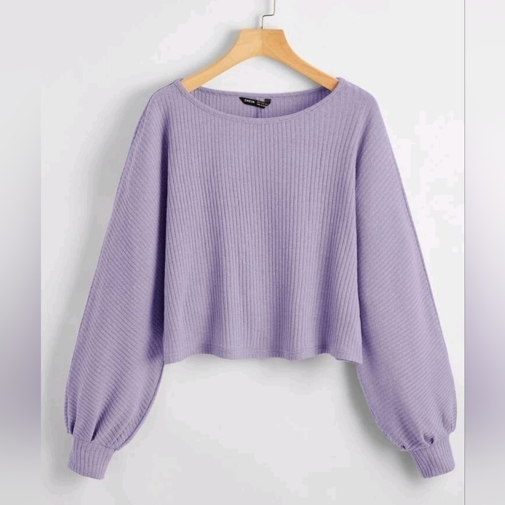 𝅺SHEIN Ribbed Long Sleeve Semi-Cropped Tee Lilacs Purple Small